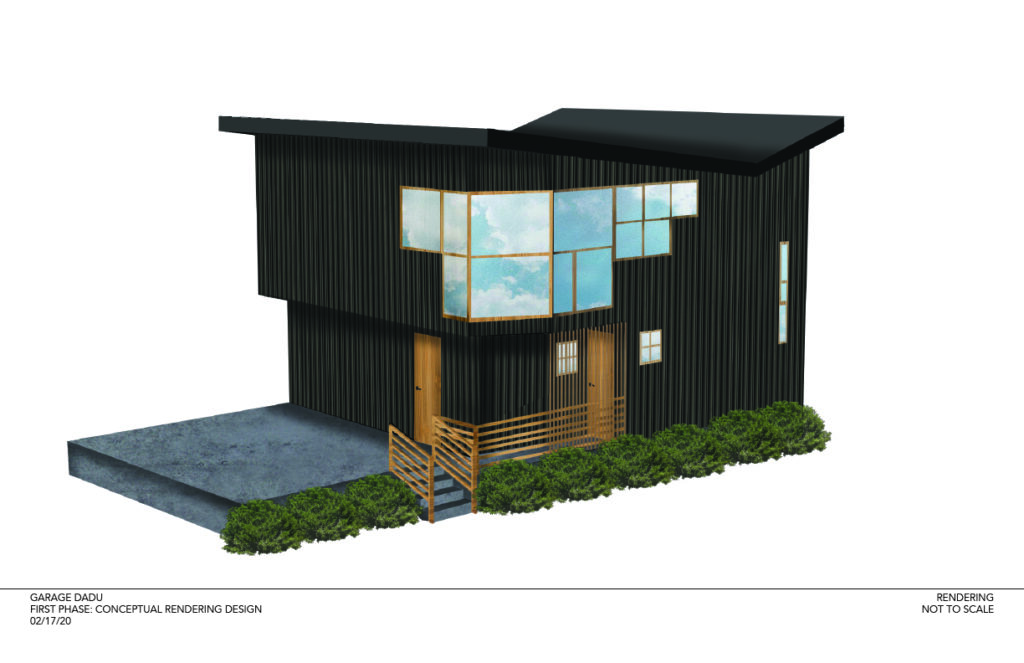 A modern black two-story house with large corner windows, a wooden front door, a small porch with horizontal railing, concrete steps, and green bushes lining the front. The design is labeled conceptual rendering.
