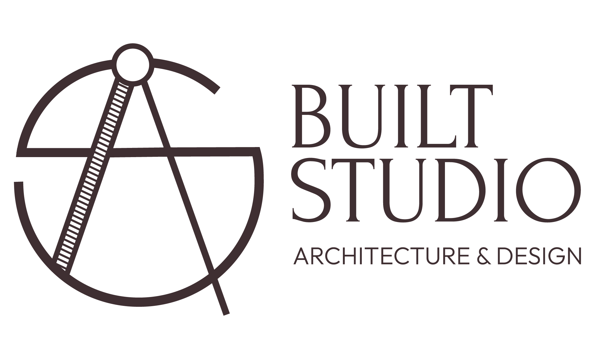 Logo for Built Studio Architecture & Design, featuring a stylized compass forming part of a circle on the left and the firm’s name in elegant sans-serif and serif fonts on the right.