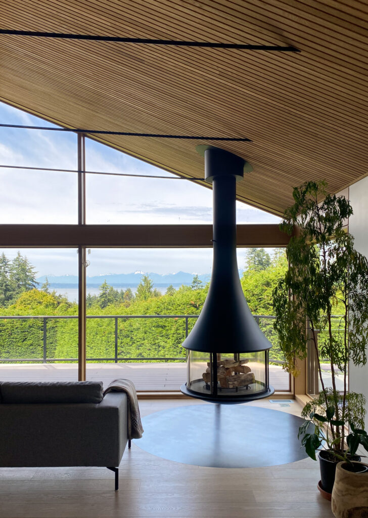 A modern living room with a suspended black fireplace, large floor-to-ceiling windows, a gray sofa, potted plants, and a view of greenery and distant mountains under a partly cloudy sky.