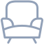 Simple line drawing of an armchair with wide arms and short legs, depicted in a minimalist, grey outline style.