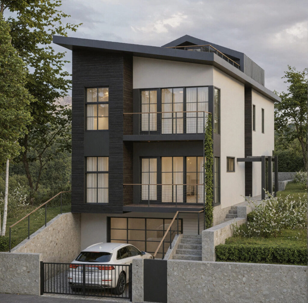 A modern three-story house with large windows, black and white exterior, and a sloped roof. A white car is parked in the driveway, and the property is surrounded by greenery and a stone fence.