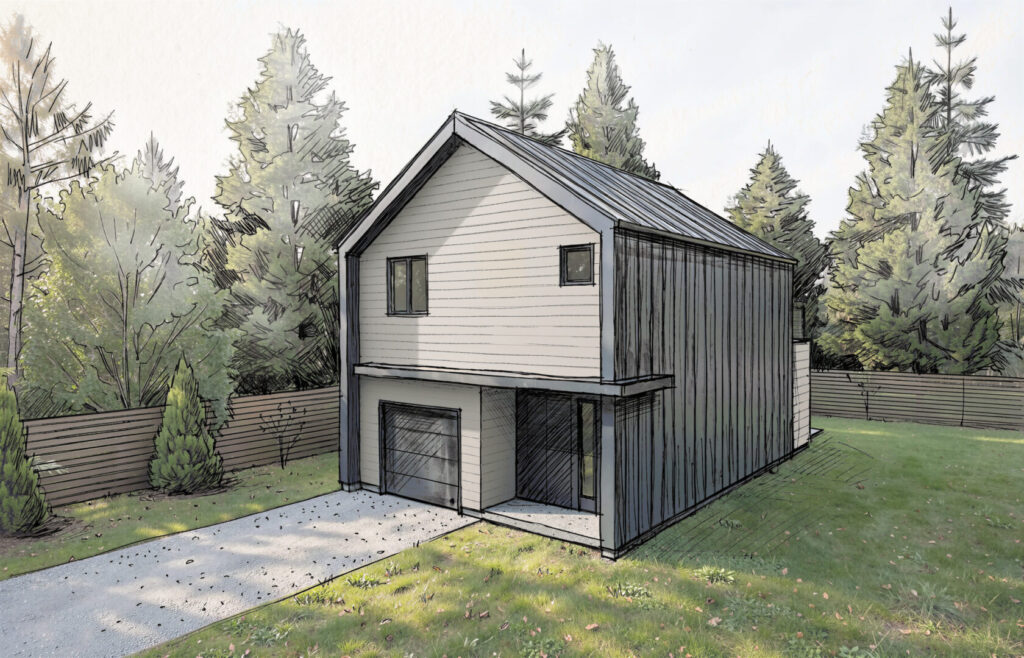 A modern two-story house with a gray metal roof and siding, large windows, and a garage, surrounded by grass, trees, and a wooden fence under a partly cloudy sky.