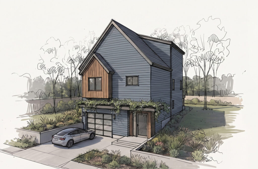 A modern two-story house with blue siding, wood accents, attached garage, and a car parked in the driveway, surrounded by landscaped greenery and trees in the background.